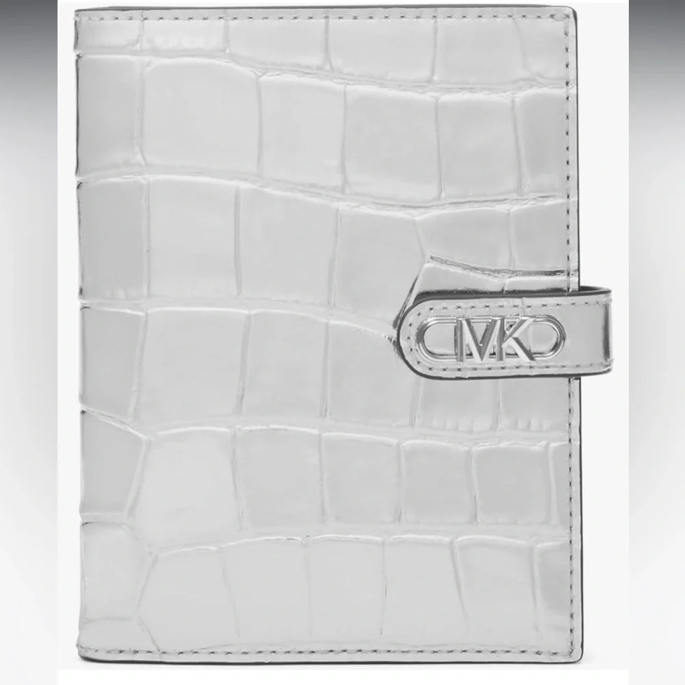 Michael Kors Empire Metallic Crocodile Embossed Leather Passport Wallet Silver